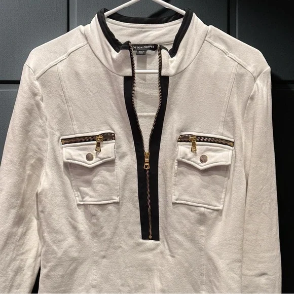 Boston proper White Quarter-Zip Pullover with Gold Accents XL - Picture 4 of 5